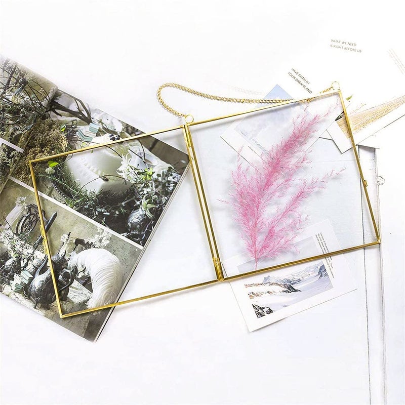 fujack Pressed Flower Frame, Hanging Picture Frame for DIY Artwork Display Clear Glass Wall Brass Frames for Plant Specimen Dried Flower Square Photo Frame 6x6 - Gold - Image 5